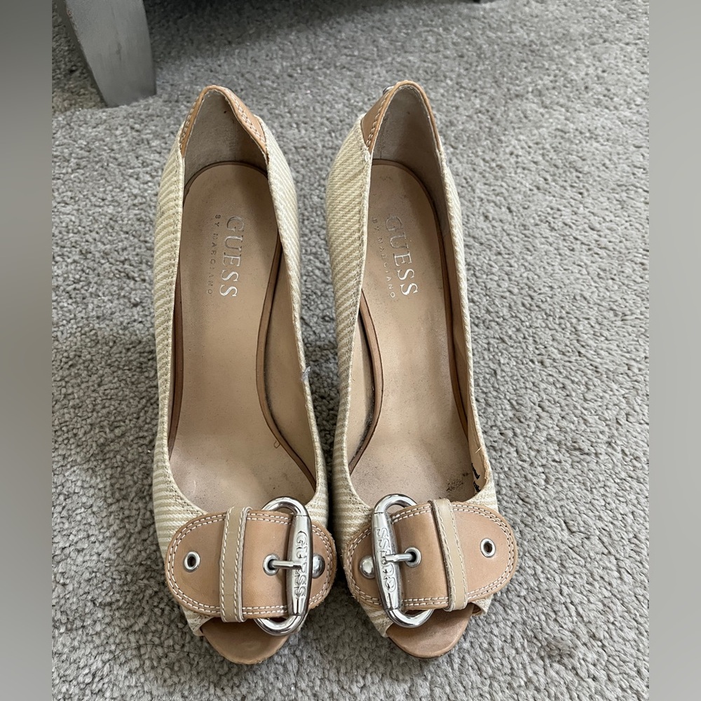 GUESS Beige and Tan Peep Toe Heels